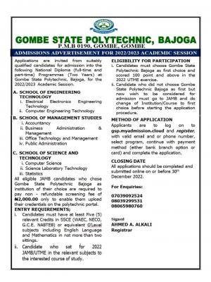 Gombe State Polytechnic Post-UTME 2022: eligibility and registration details