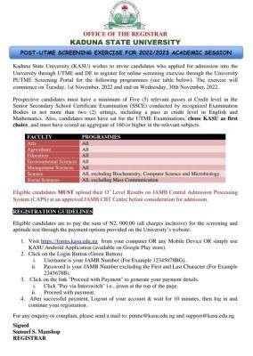 KASU Post-UTME/DE 2022: cut-off mark, eligibility and registration details
