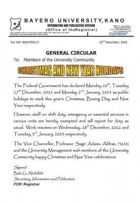 BUK notice on Christmas and New year holidays