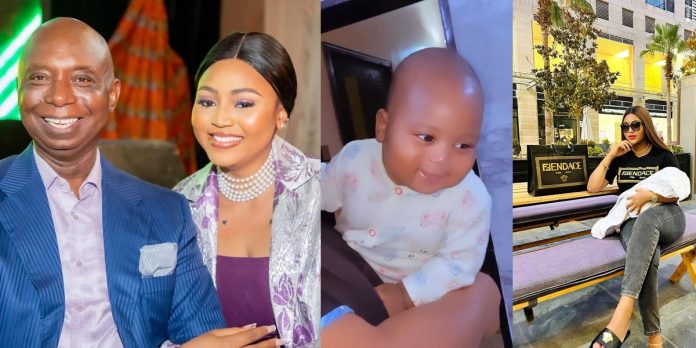 “His father’s carbon copy” – Reactions as Regina Daniels shares clearer view of second son, Khalifa (Video)