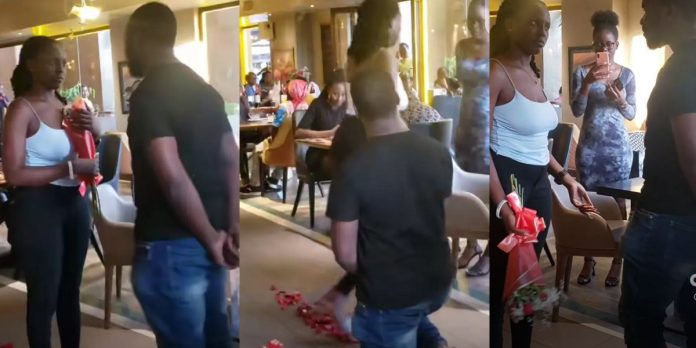 Drama as Nigerian lady embarrasses lover who proposed to her in public (Video)