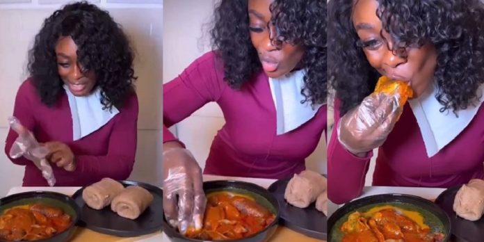 Netizens chides BBNaija star, Uriel for eating ‘swallow’ with glove, she reacts (Video)