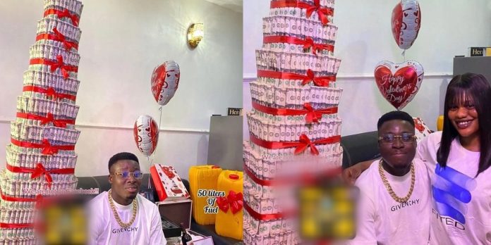 Nigerian lady gifts boyfriend money cake, 50 litres of fuel, other items for Valentine