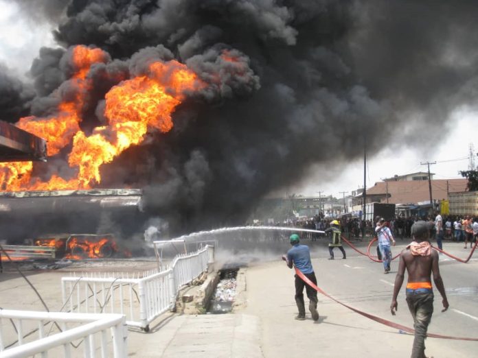 Pic 7 A tanker burning at a filling station in Mushin, Lagos Sta