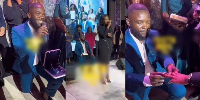 Nigerian man proposes to girlfriend with 7 rings during church service (Video)