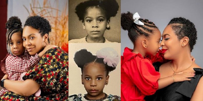 “You birthed yourself” – Striking resemblance between TBoss and daughter stuns netizens (Photos)