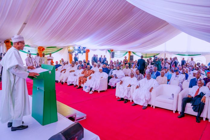 Buhari speaking at the inauguration yesterday
