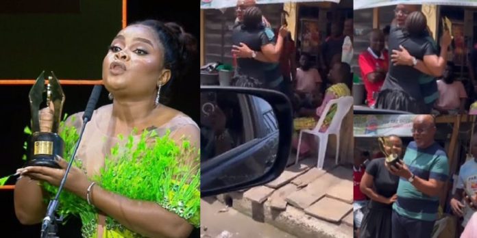 “He took me to my first audition” – Actress, Bimbo Ademoye recounts as she presents her AMVCA award to her father (Watch)