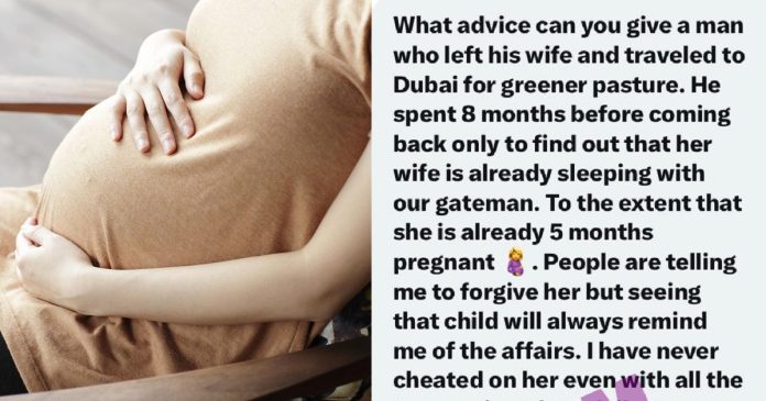 Man shares how his wife got pregnant for their gateman 8 months after he traveled to Dubai