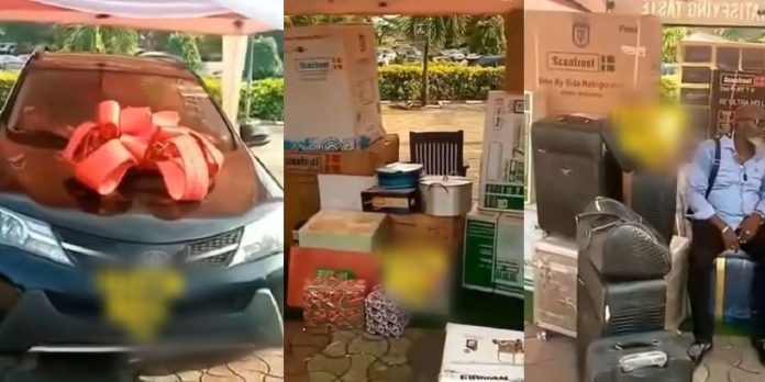 Nigerian man receives brand new car and other expensive gifts from his in-laws as a wedding gift (Video)