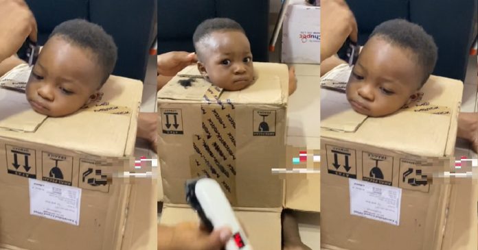 Father puts troublesome son inside box to barb his hair