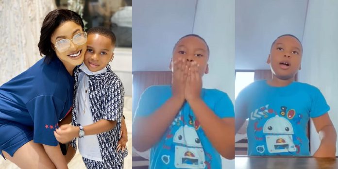 “I wish for a miracle” – Actress Tonto Dikeh’s son, King Andre says powerful prayer for mother in heartwarming video (Watch)