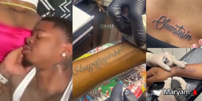 “Legend” – Netizens reacts as Nigerian man shares video of his 8 girlfriends tattooing his name on their bodies (Watch)