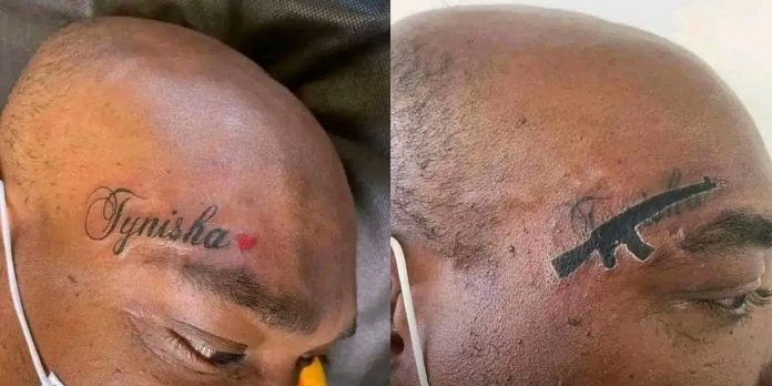 Mixed reactions as man who tattooed girlfriend’s name ‘Tynisha’ changes it to ‘gun’ after breakup (Photos)