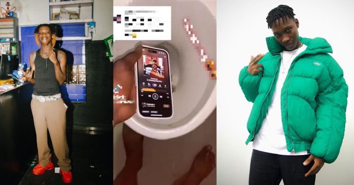 Seyi Vibez’ fan drops his phone down the toilet because it played Zinoleesky’s song (video)