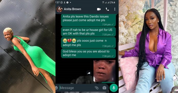 “Come and adopt me pls” – Nigerian lady begs Anita, Davido’s alleged pregnant side chick