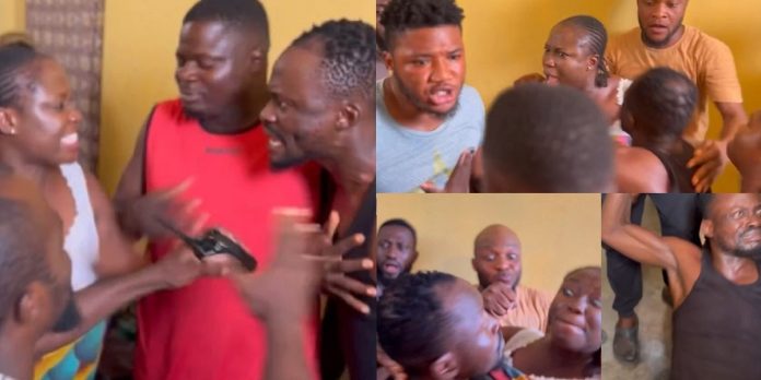 Drama as actress Damilola Oni refuses to act kissing scene with colleague Jigan on movie set (Video)