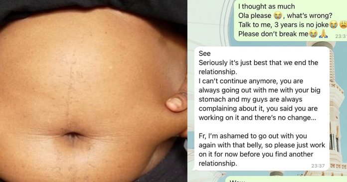 “I feel ashamed to go out with you because of your stomach” – Lady shares heartbreaking message from boyfriend