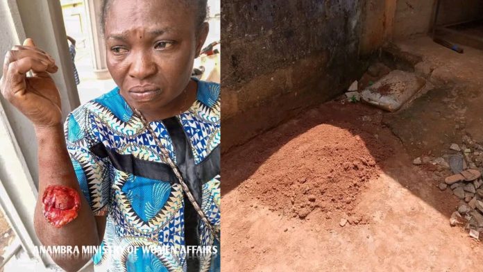 Photo of the shallow grave where the new born baby was allegedly buried and below…the woman. Photos- Anambra State ministry of women and social welfare