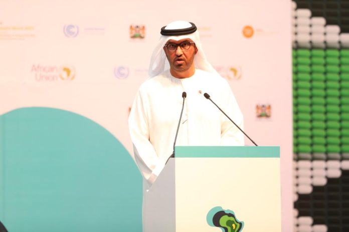 COP28 President Sultan Al Jaber delivers his remarks during the Africa Climate Summit 2023 at the Kenyatta International Convention Centre (KICC) in Nairobi on September 5, 2023.