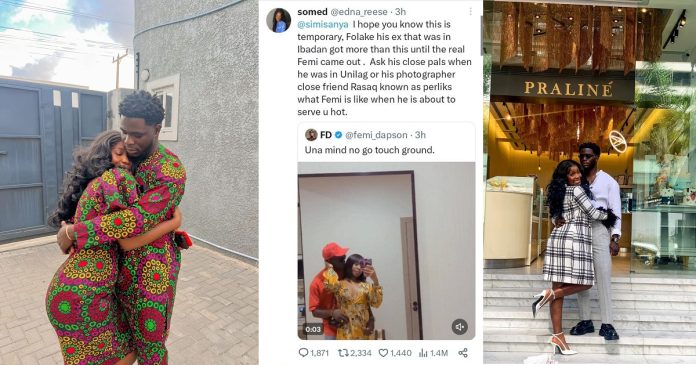 Instagram influencer, Simi Sanya replies lady who advised her to be careful of her relationship with music video producer, Femi Dapson.