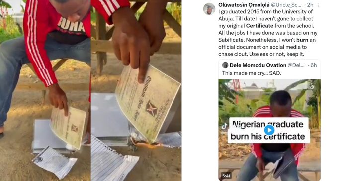 Frustrated Nigerian Graduate Burns Certificates, Due To Unemployment And Job Struggles (VIDEO)