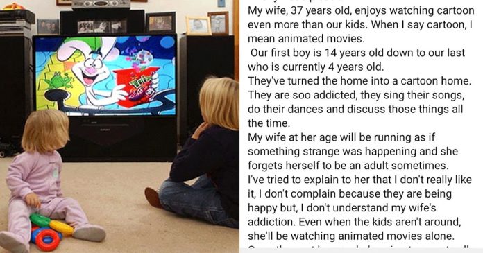 “Na last born you go marry” — Reactions as man laments out over his 37 year old wife watching too much cartoons