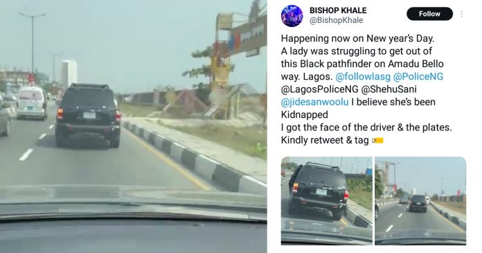 Man raises alarm after capturing a woman struggling to escape car during suspected k!dnapping in Lagos (WATCH)