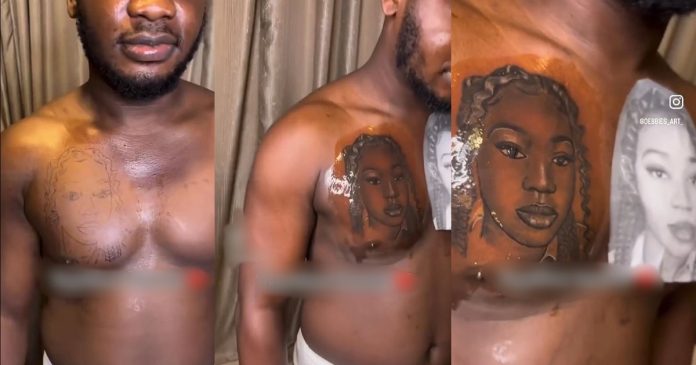 Netizens React As Nigerian Husband Tattoos His Wife's Face On His Chest, Earning Him The Title Of Sweet Husband (VIDEO)