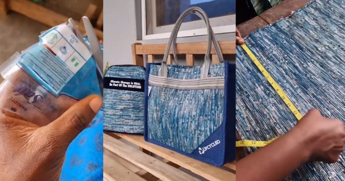 Netizens applaud lady who made a school bag out of Dangote salt sachet (VIDEO)