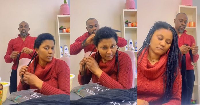 Video Of A Canada Based Nigerian Man Skillfully Braiding His Wife's Hair Due To High Salon Prices Goes Viral (WACTH)