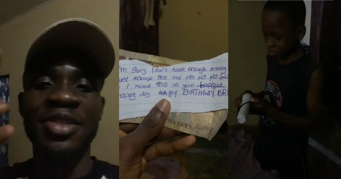 Emotional moment 9-year-old boy gifts his elder brother N1,000, a and pleasant note on his birthday (WATCH)