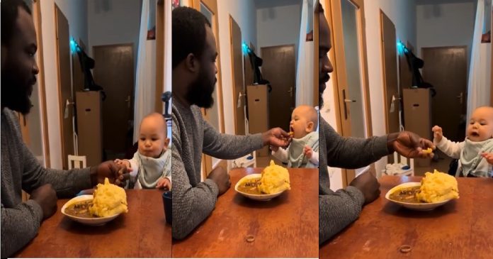 Netizens roar with laughter as a white baby rushes his dad to feed him Nigerian food