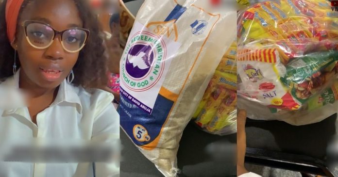 Nigerian Lady Creates Buzz Online After She Received Rice, Noodles, Salt, As Gifts From A Church As First-Timer (VIDEO)