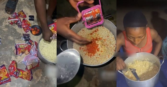 Nigerian Lady Shocks Viewers Online With Her Superhuman Eating Skills, As She Devours 10 Packs Of Noodles In One Sitting (WATCH)