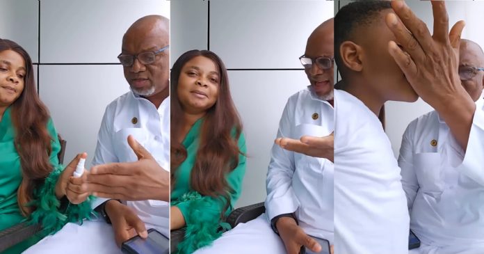 Hilarious moment Bimbo Ademoye played a fart spray prank on her dad on Father's Day