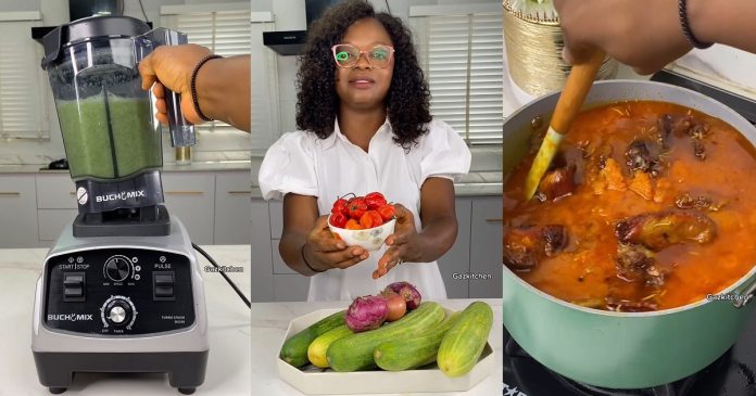 Lady makes tomato 'powerless' as she prepares a large pot of cucumber stew (VIDEO)