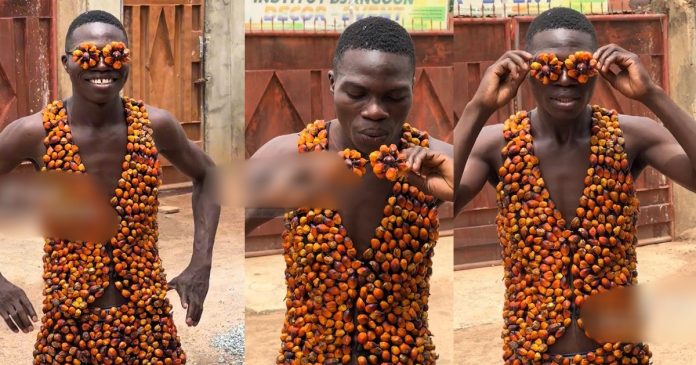 Man Stuns Netizens As He Creates Dazzling Jacket, Boxers, And Glasses With Palm Nuts (VIDEO)