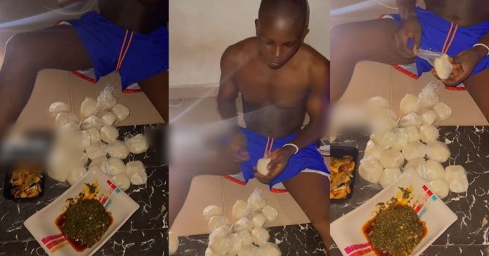 Nigerian Man Stuns Netizens By Devouring 27 Fufu Wraps And 2 Plates Of Vegetable Soup (WATCH)