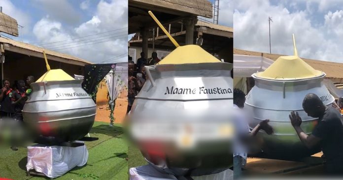 Tongues Wag As Ghanaian Food Seller Laid To Rest In Pot-Shaped Coffin (VIDEO)