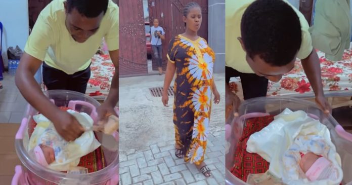 Heartwarming moment an overjoyed father sprayed his new born twins with Naira notes (WATCH)