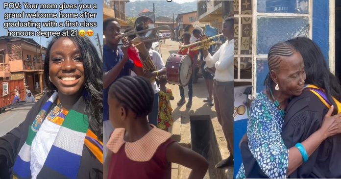 Lady receives grand home welcome after graduating with a first class degree (VIDEO)