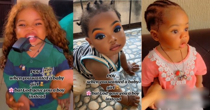 Mother shows how she dresses her baby boy because God refused to give her a girl (WATCH)