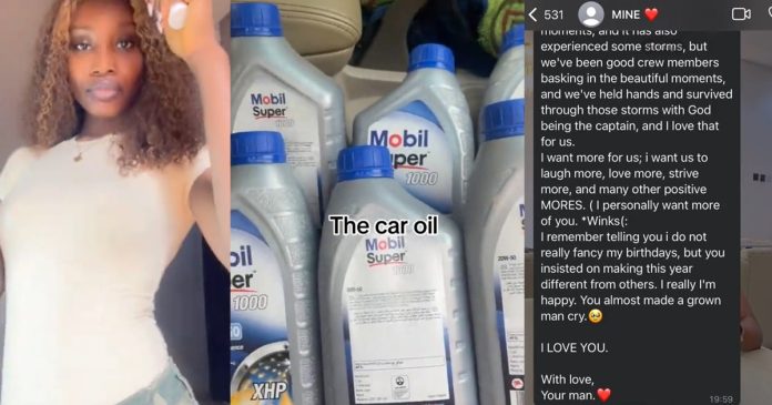 Lady receives 'lengthy heartfelt message' from boyfriend after gifting him six car oil as birthday gifts (WATCH)