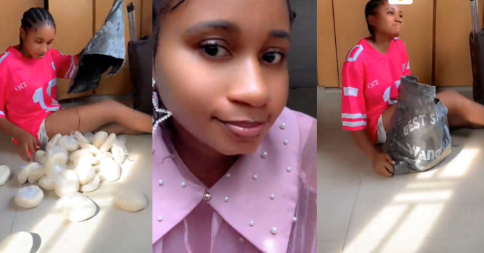 "Na only tray you go just add" – Lady gets a bag of fufu after requesting a food tray from dad as a birthday gift (WATCH)