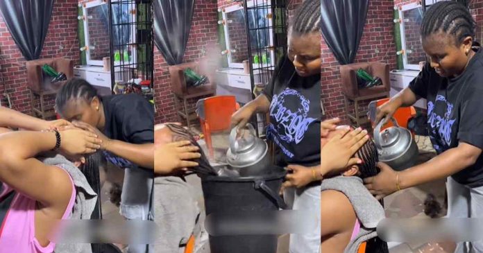 "She poured it in her scalp" – Online users reacted after hairstylist intentionally pours h0t water on client's scalp (WATCH)