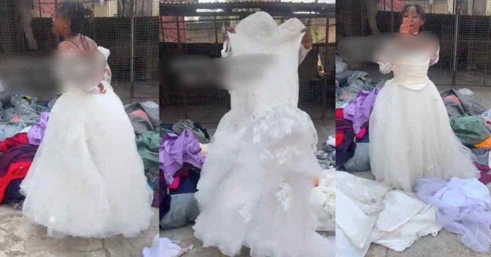 "Wedding gown in okirika. I will never be p00r in my life" – Tongue w@gs as 'Okirika' vendor advertises a wedding gown for ₦8,000 (WATCH)