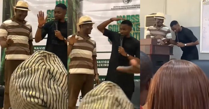 Hilarious moment an MC taught a university professor how to dance the trending 'Moro Dance' (WATCH)