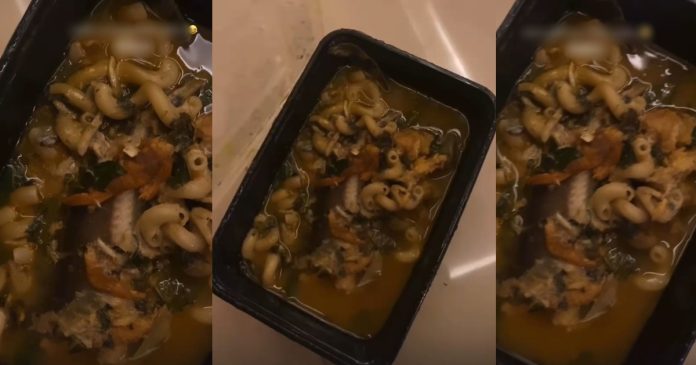 "Macasoup" – Influencer Surprised to Find Macaroni in Peppersoup Ordered in Ogun State (VIDEO)