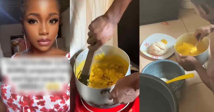 “The fufu is 2 weeks old but he revamped it” – Lady sh0cked by the mouthwatering ‘egusi soup and fufu’ her brother prepared for himself (VIDEO)